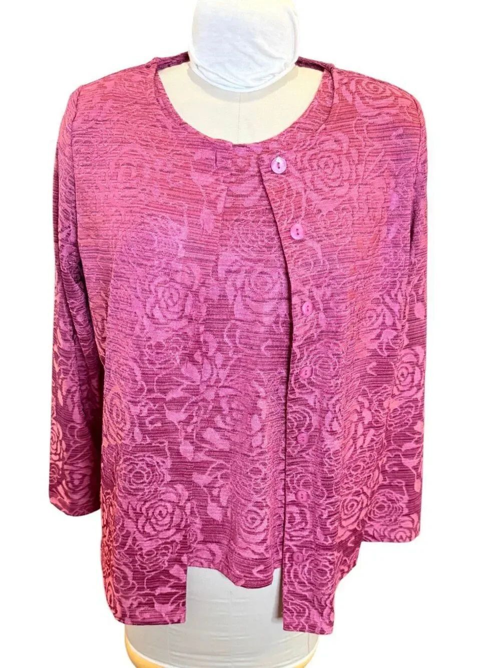TanJay Pink/Magenta Floral Embossed Twinset Cardigan & Tank Medium